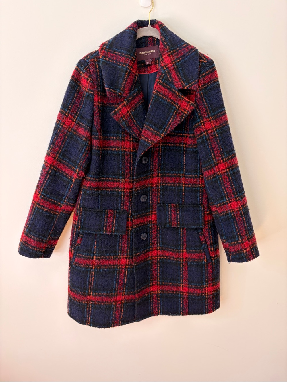 Johnston & Murphy Navy and Red Plaid Wool Blend Peacoat